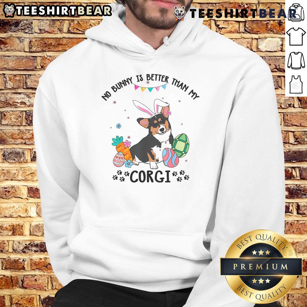 Alt Text: Tricolor Corgi dog wearing a festive Easter hoodie with 'No Bunny is Better' text, perfect for Easter celebrations.