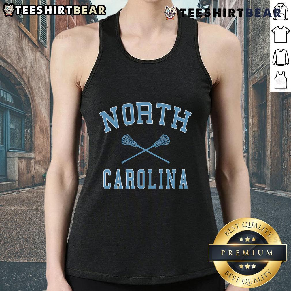Top North Carolina State Lacrosse tank top displayed on a hanger, showcasing vibrant team colors and logo for fans.