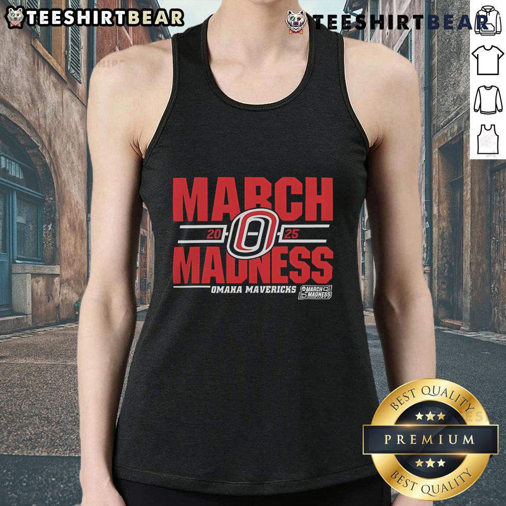 Top Omaha Mavericks 2025 March Madness D1 Men's Basketball tank top featuring team colors and logo design.