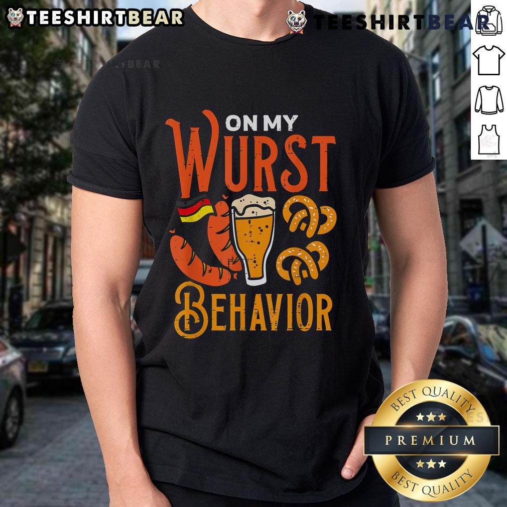 Top On My Wurst Behavior T-Shirt featuring a playful design, perfect for casual wear and sausage lovers.