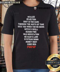Stylish 'Top Realize Rejection Shot in the Dark' ladies tee featured in misty backdrop, perfect for casual wear.