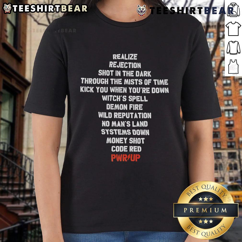 Stylish 'Top Realize Rejection Shot in the Dark' ladies tee featured in misty backdrop, perfect for casual wear.