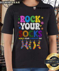 Top Rock Your Socks World Down Syndrome Awareness Day Ladies Tee in vibrant colors promoting inclusivity and support.