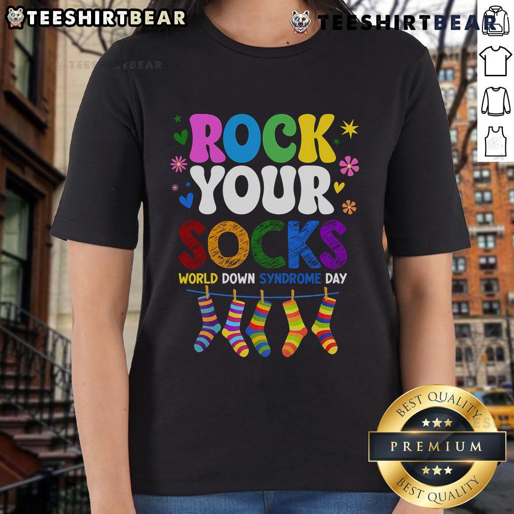 Top Rock Your Socks World Down Syndrome Awareness Day Ladies Tee in vibrant colors promoting inclusivity and support.