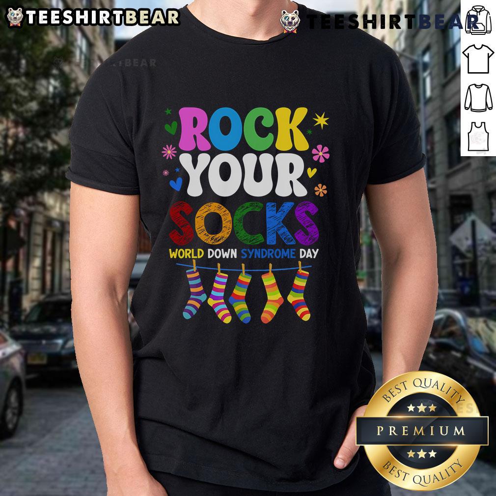 Alt Text: Top Rock Your Socks World Down Syndrome Awareness Day WDSD T-Shirt featuring vibrant colors and a fun design.