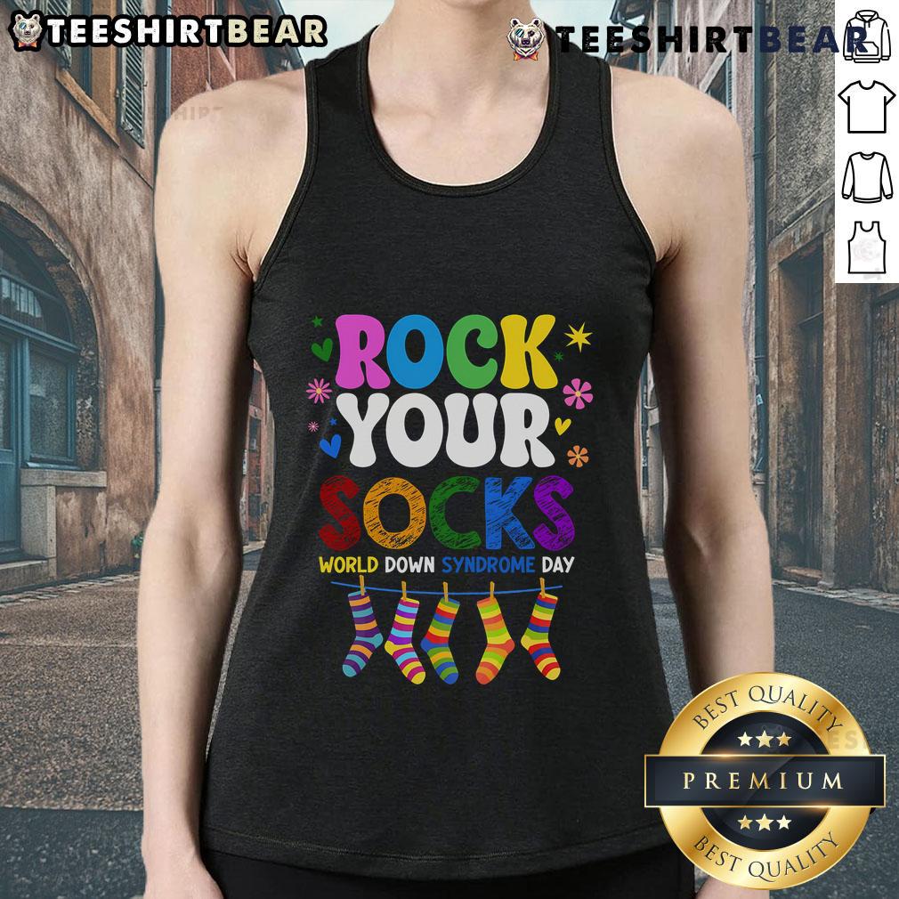 Top Rock Your Socks World Down Syndrome Awareness Day tank top featuring vibrant design and supportive message.