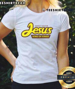 Stylish 'Top Sweet Savior Jesus King of Kings' ladies tee featuring a vibrant design, perfect for faith-inspired fashion.