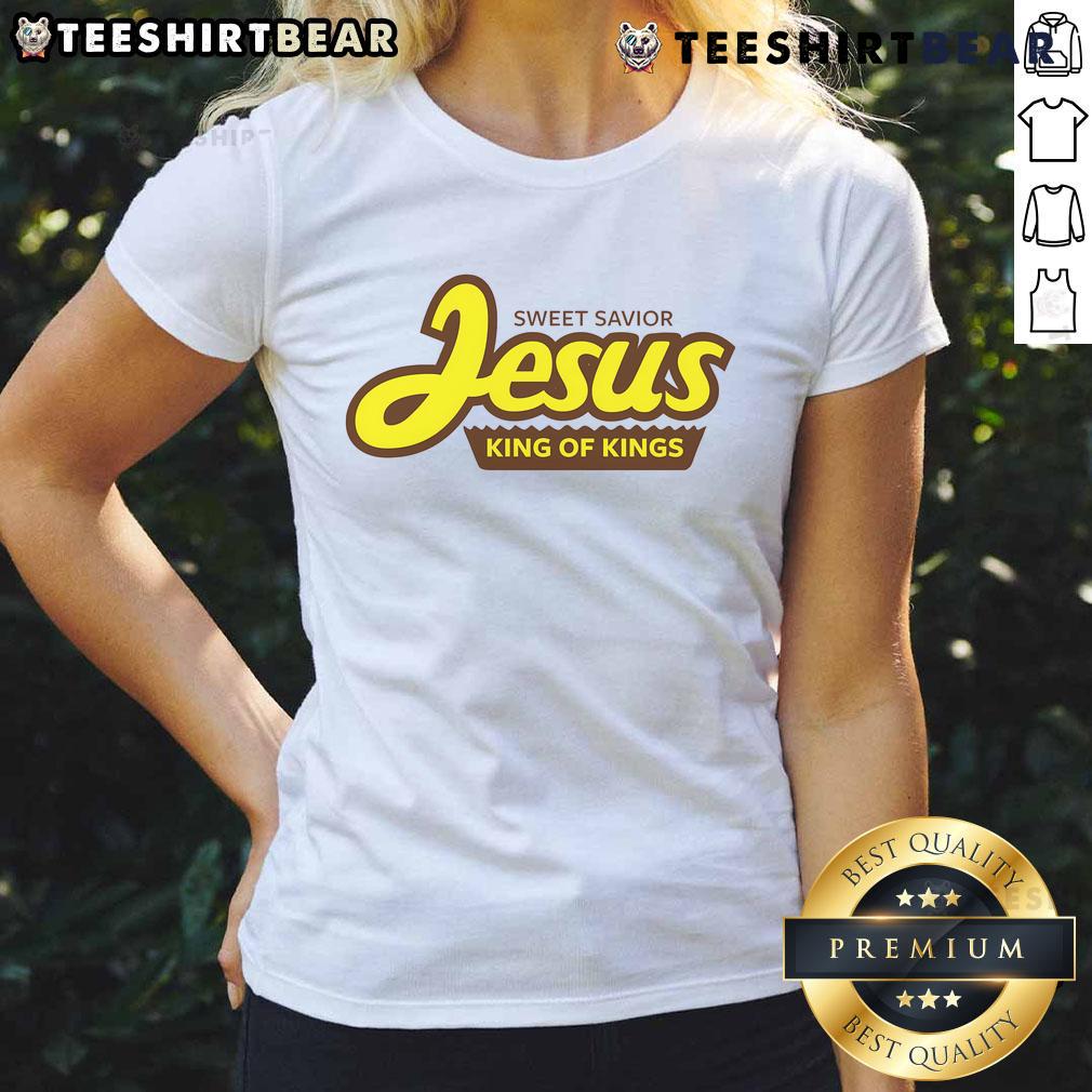 Stylish 'Top Sweet Savior Jesus King of Kings' ladies tee featuring a vibrant design, perfect for faith-inspired fashion.