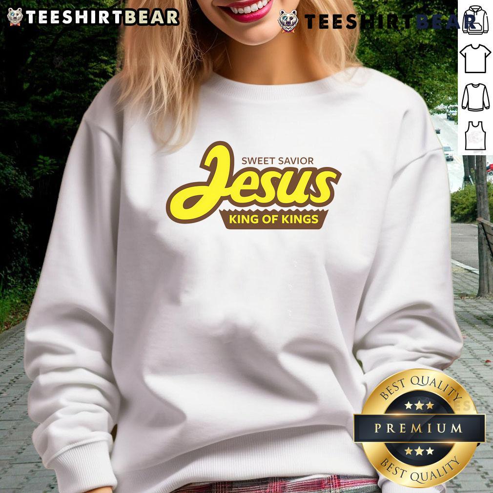 Top Sweet Savior Jesus King of Kings sweatshirt featuring a stylish design for faith-inspired fashion enthusiasts.