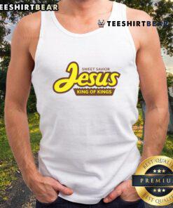 Stylish tank top featuring 'Sweet Savior Jesus King of Kings' design, perfect for faith-inspired fashion lovers.