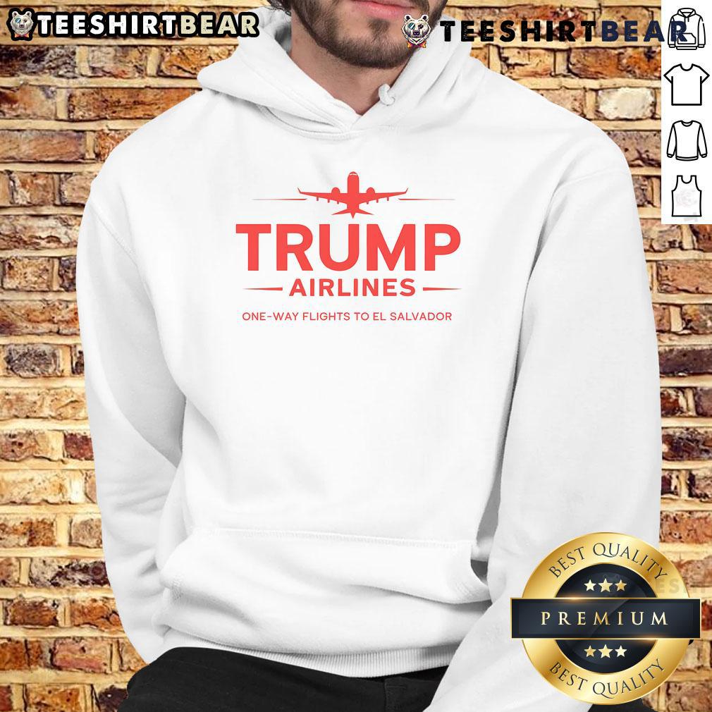 Top Trump Airlines one-way flights to El Salvador with a patriotic MAGA hoodie featured in the image.