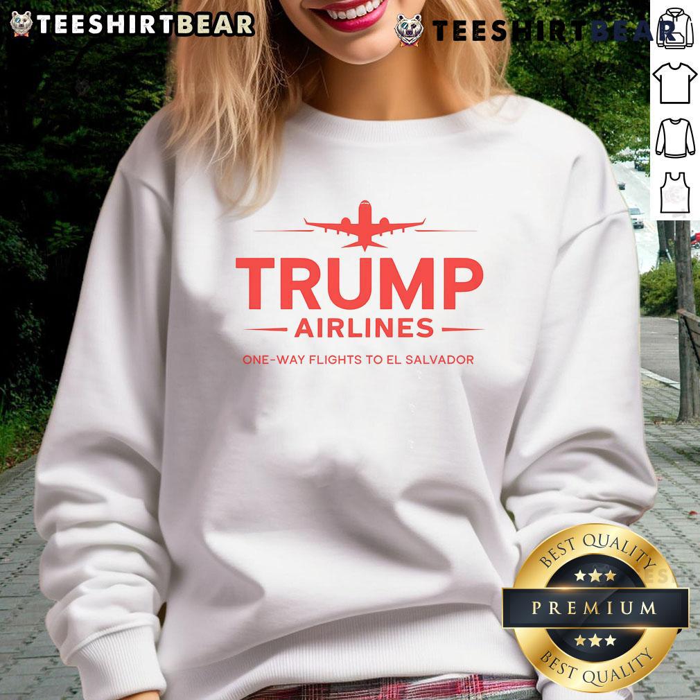 Top Trump Airlines one-way flights to El Salvador with a Maga patriotic sweatshirt on display, perfect for travel lovers.