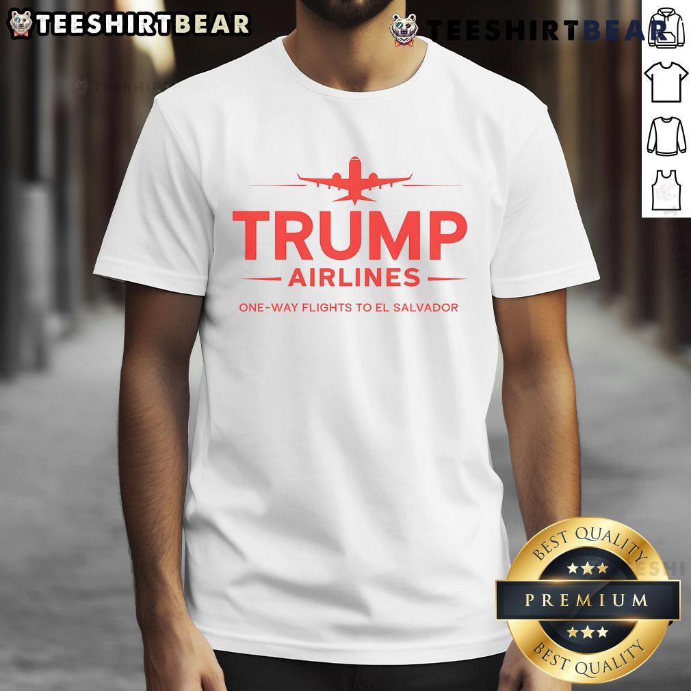 Alt Text: Top Trump Airlines one-way flights to El Salvador patriotic T-shirt featuring bold Maga design and vibrant colors.