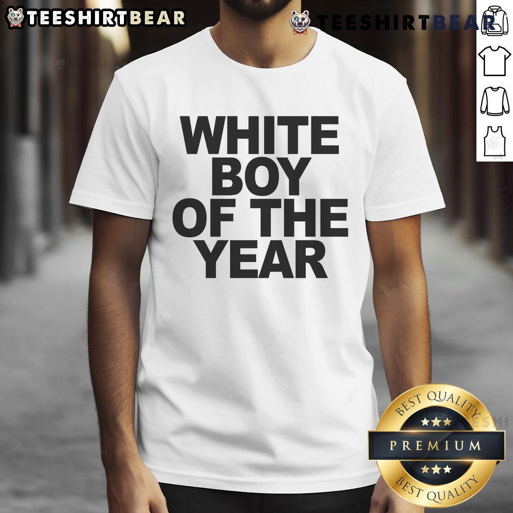 Top White Boy Of The Year T-Shirt featuring bold text design on a stylish casual tee for trendy young men.