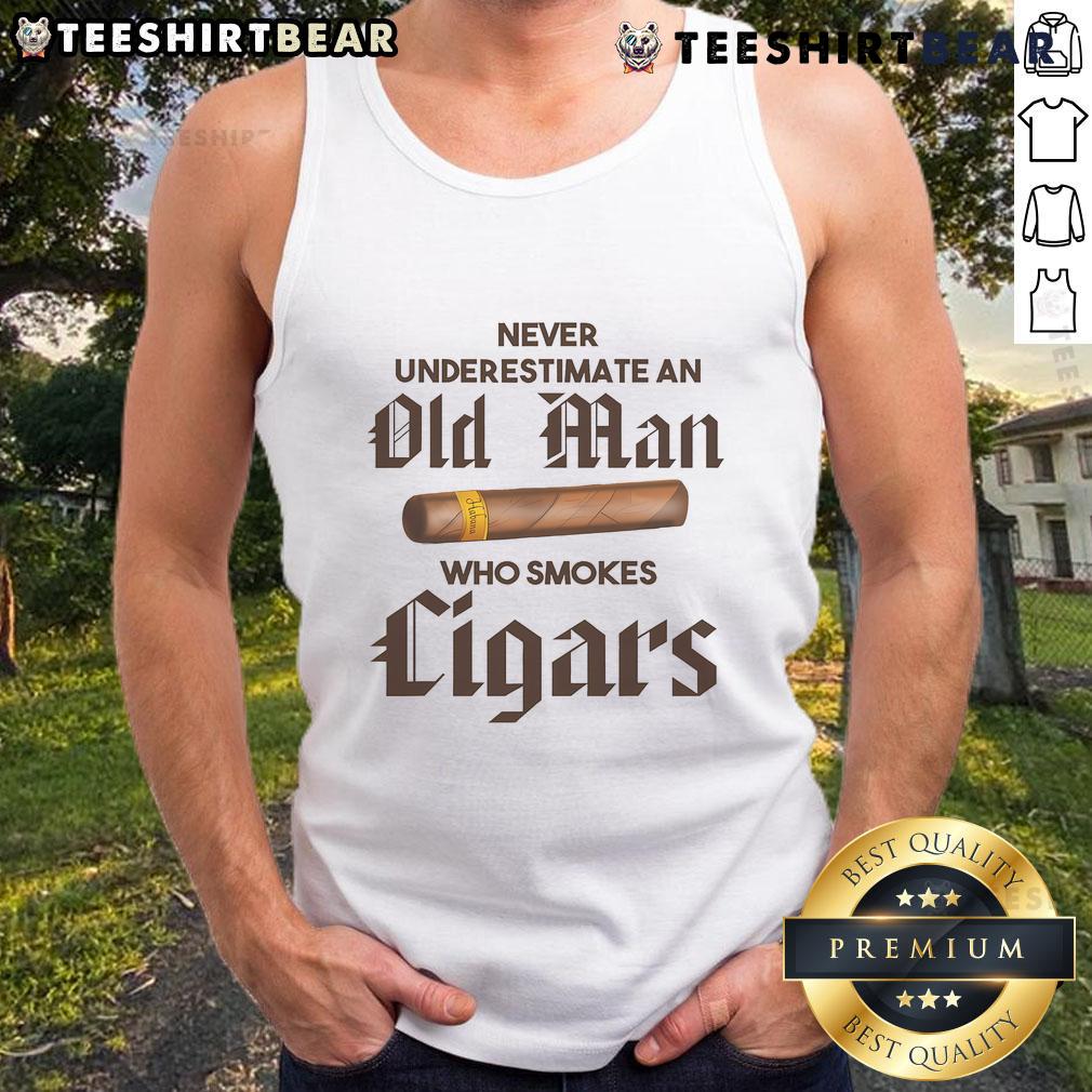 Awesome old man in a tank top smoking a cigar, embodying the spirit of 'Never Underestimate an Old Man'.
