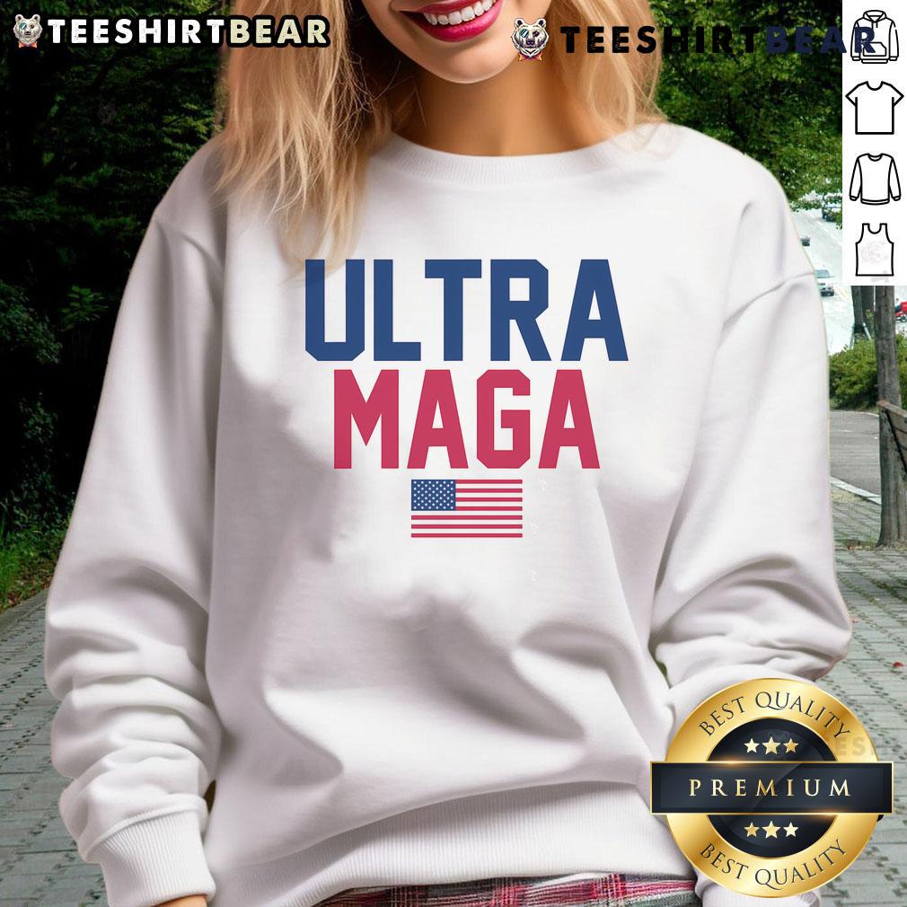 Alt Text: Awesome Ultra MAGA America Flag Sweatshirt featuring bold patriotic design and comfortable fit for proud supporters.