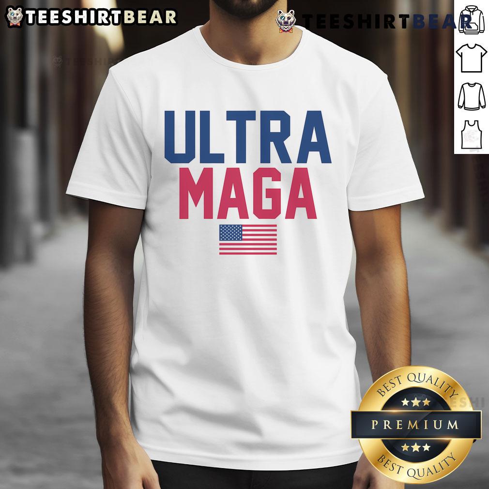 Awesome Ultra Maga America Flag T-Shirt featuring a bold American flag design, perfect for patriotic fashion enthusiasts.
