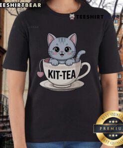 Cute Kit Tea Cat Tea Ladies Tee featuring a playful cat design, perfect for tea lovers and cat enthusiasts.