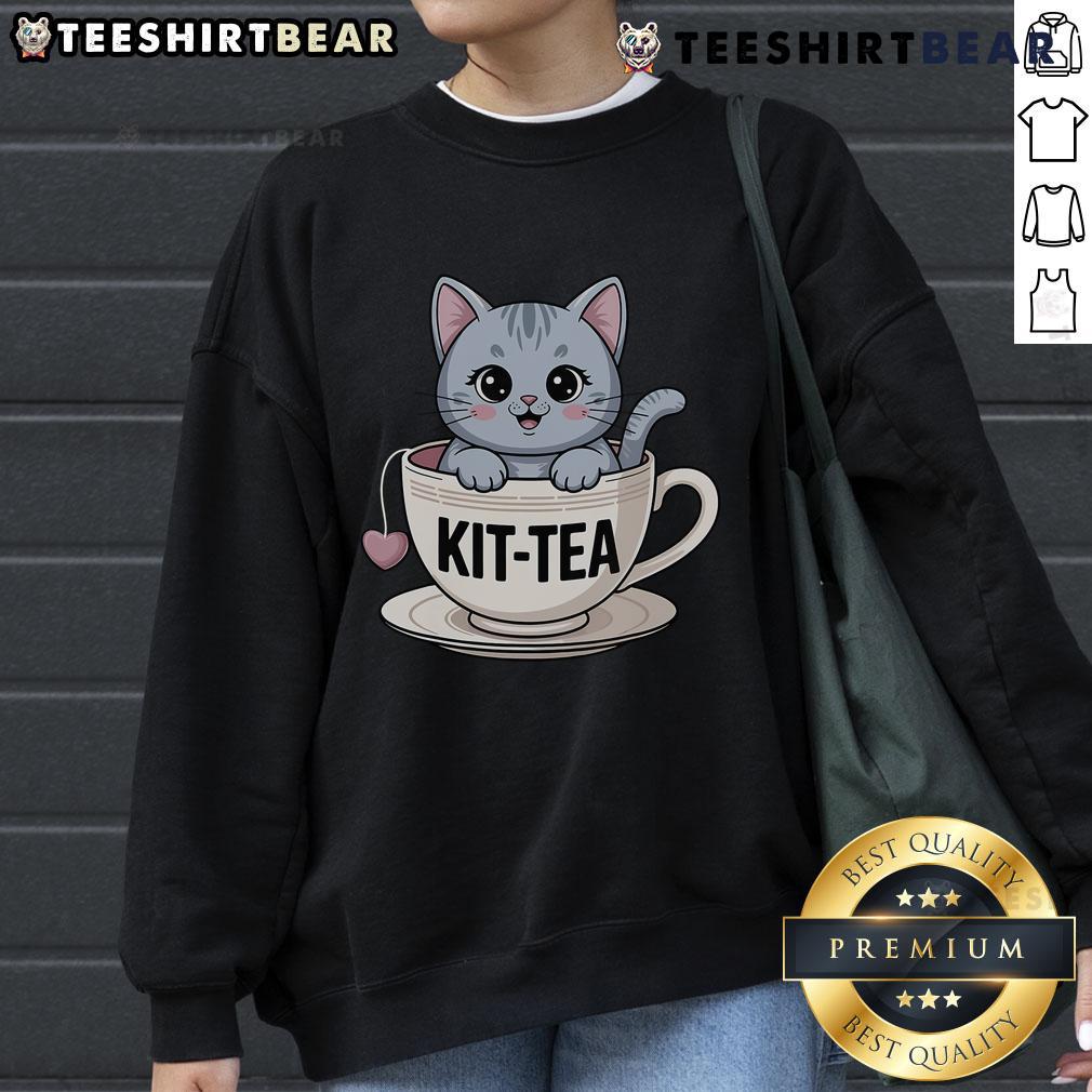 Cute Kit Tea Cat tea sweatshirt featuring an adorable feline design, perfect for cat lovers and cozy wear.