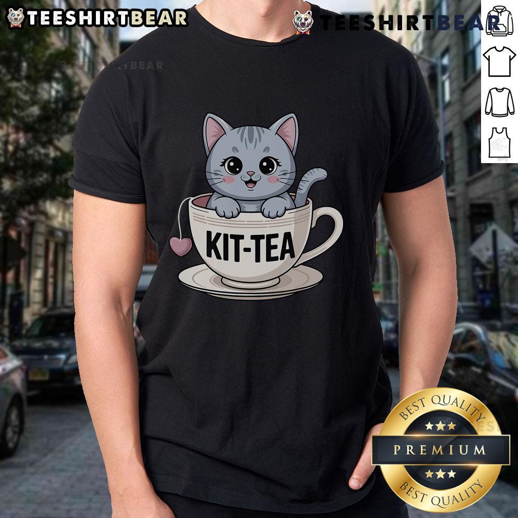 Cute Kit-Tea Cat Tea T-Shirt featuring an adorable cat sipping tea, perfect for cat lovers and tea enthusiasts.