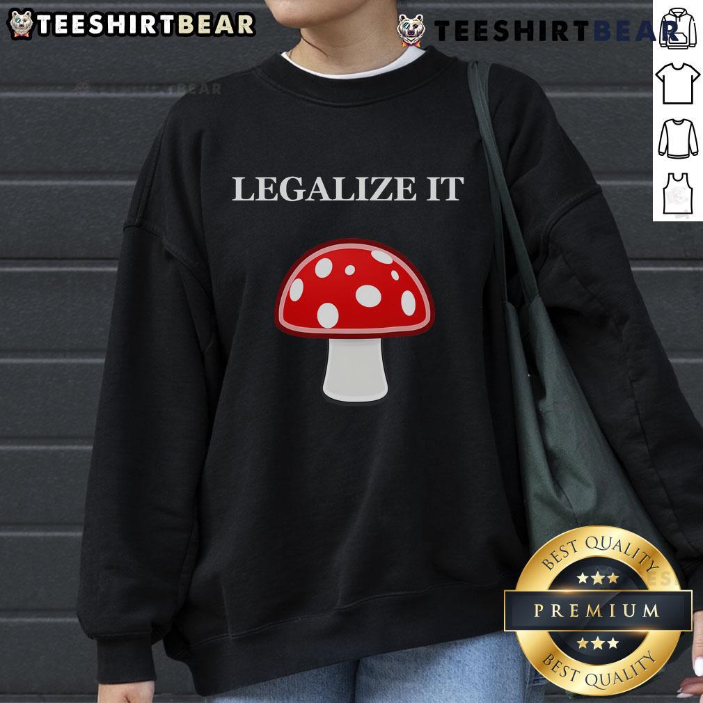 Alt Text: Cute Legalize It red mushrooms sweatshirt featuring vibrant mushroom graphics, perfect for casual wear and nature lovers.