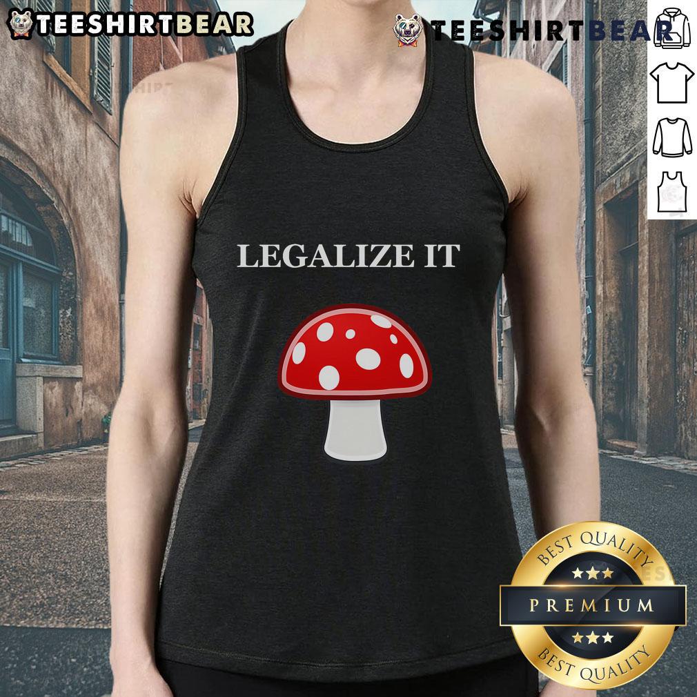 Alt Text: Cute Legalize It red mushrooms tank top featuring vibrant graphics, perfect for casual wear and nature lovers.