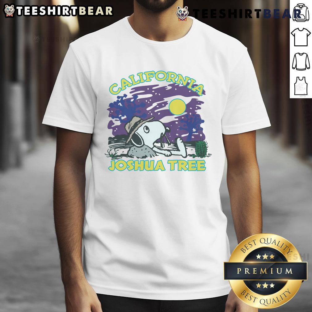 Alt Text: Cute Peanuts Snoopy X Joshua Tree National Park T-Shirt featuring Snoopy against a desert landscape backdrop.