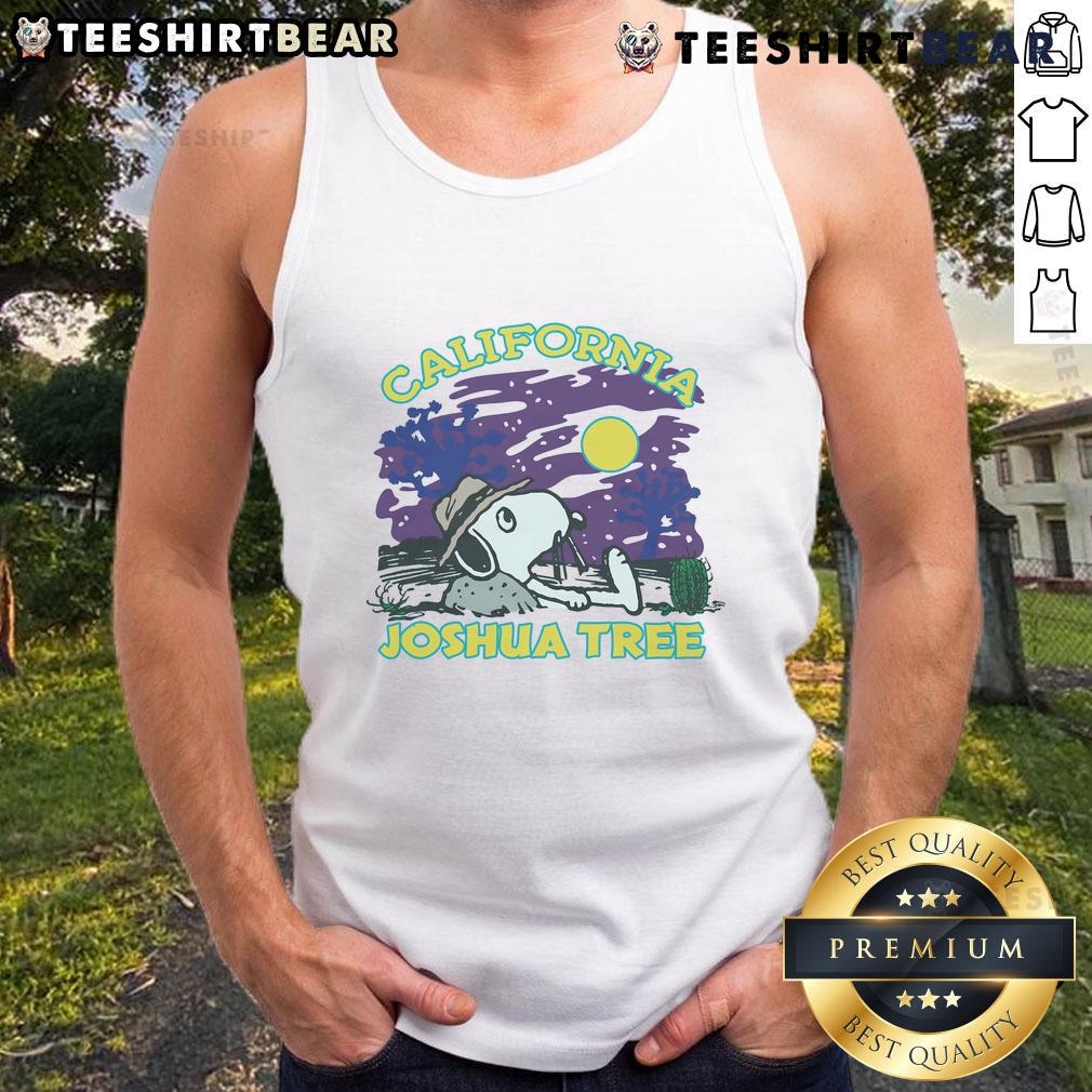 Cute Peanuts Snoopy tank top design featuring Joshua Tree National Park scenery, perfect for fans and nature lovers.