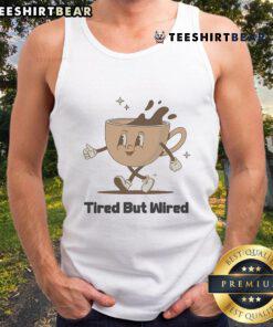 Cute tired but wired coffee cup tank top featuring a whimsical design perfect for coffee lovers and casual wear.