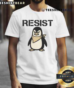 Funny Angry Penguin Resist Protest T-Shirt featuring a cartoon penguin with a protest sign, ideal for humor lovers.