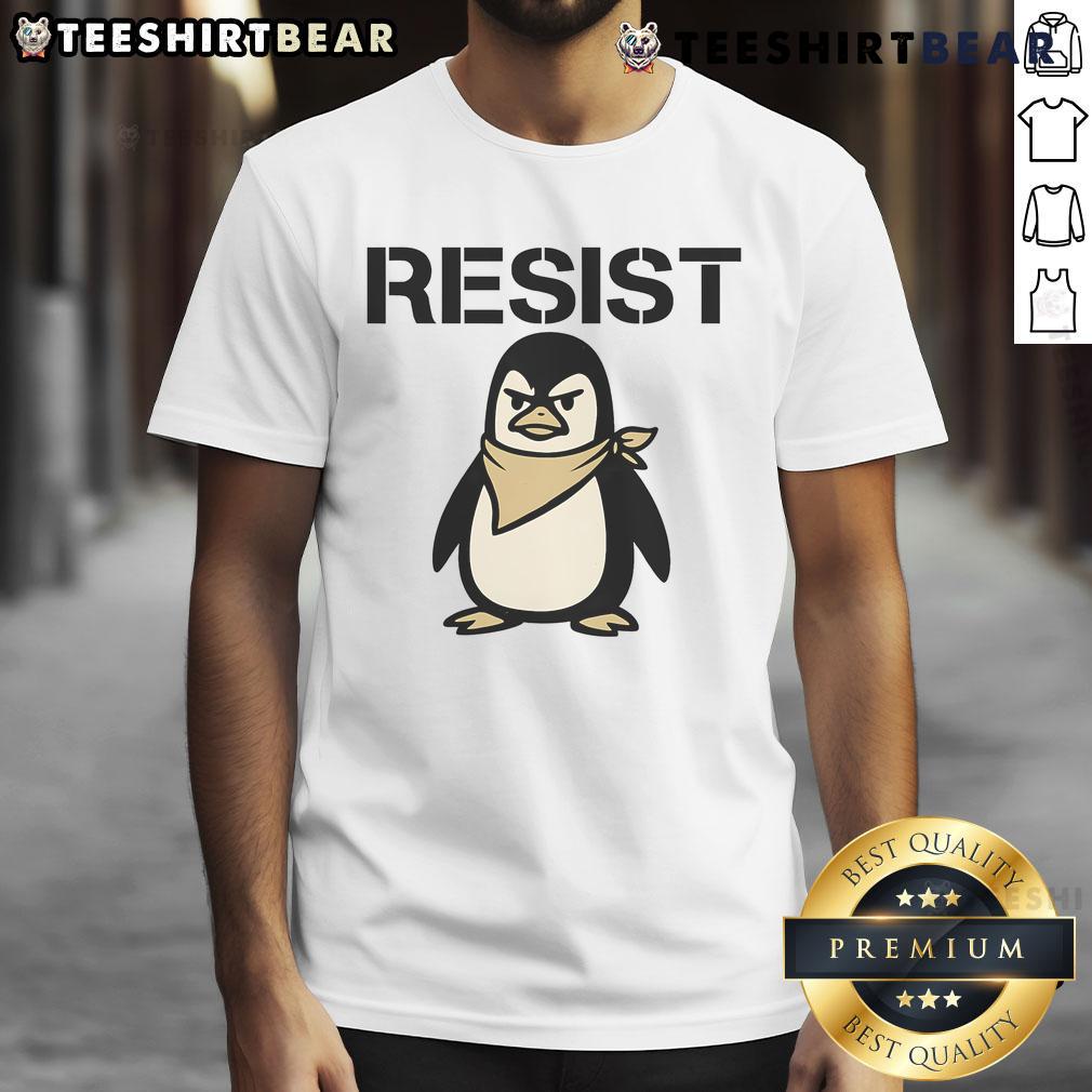 Funny Angry Penguin Resist Protest T-Shirt featuring a cartoon penguin with a protest sign, ideal for humor lovers.