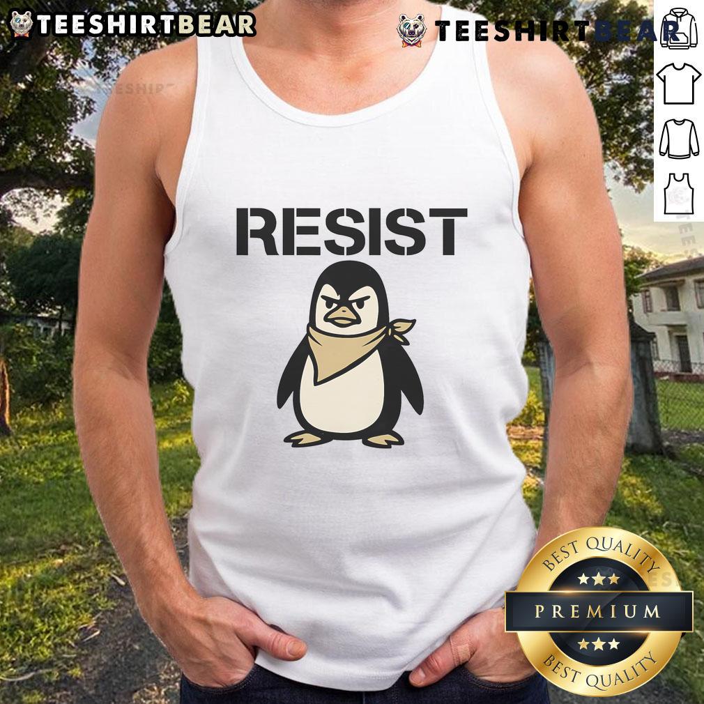 Funny angry penguin graphic on a resist protest tank top, perfect for making a statement at rallies or casual wear.