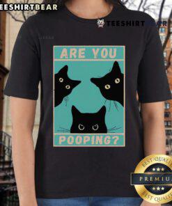 Funny cat graphic on a ladies' tee, featuring a humorous design about cats and pooping, perfect for cat lovers.