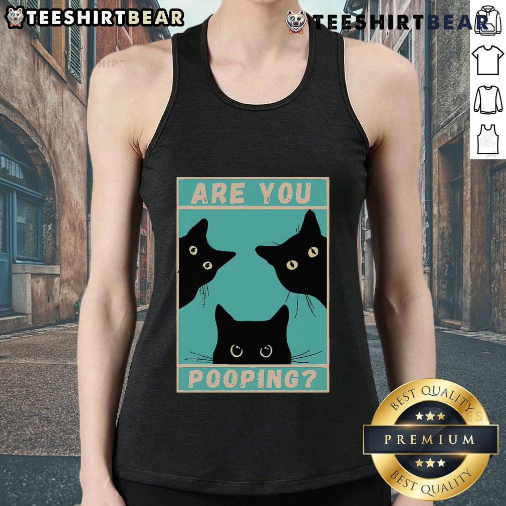 Funny cat in a tank top with the phrase Are You Pooping? capturing a humorous moment for pet lovers and cat enthusiasts.