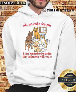 Funny cat in a tiny bathroom wearing a hoodie, saying 'Oh no, Coke for me, just want to be here!' - Funny Cats.