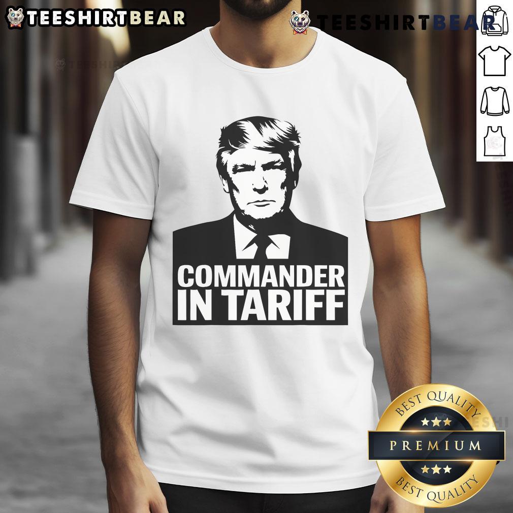 Funny Commander in Tariff political satire t-shirt showcasing a humorous take on trade tariffs and resistance.