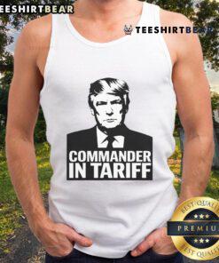 Funny Commander in Tariff political satire tank top, featuring humorous graphics on trade resistance and tariffs.