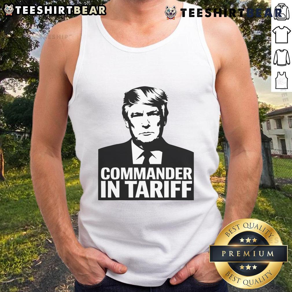 Funny Commander in Tariff political satire tank top, featuring humorous graphics on trade resistance and tariffs.