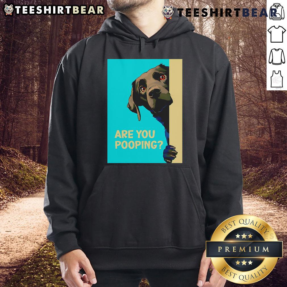 Funny dog wearing a hoodie with 'Are You Pooping?' text, showcasing a humorous pet fashion statement.