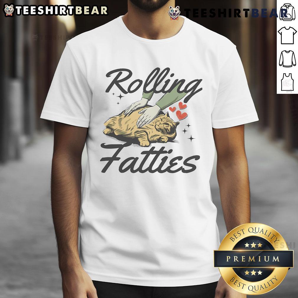 Funny fat cat rolling fatties graphic on a playful cat t-shirt, perfect for cat lovers and humor enthusiasts.