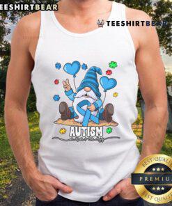Funny gnome graphic on a tank top promoting autism awareness with colorful design and playful text.