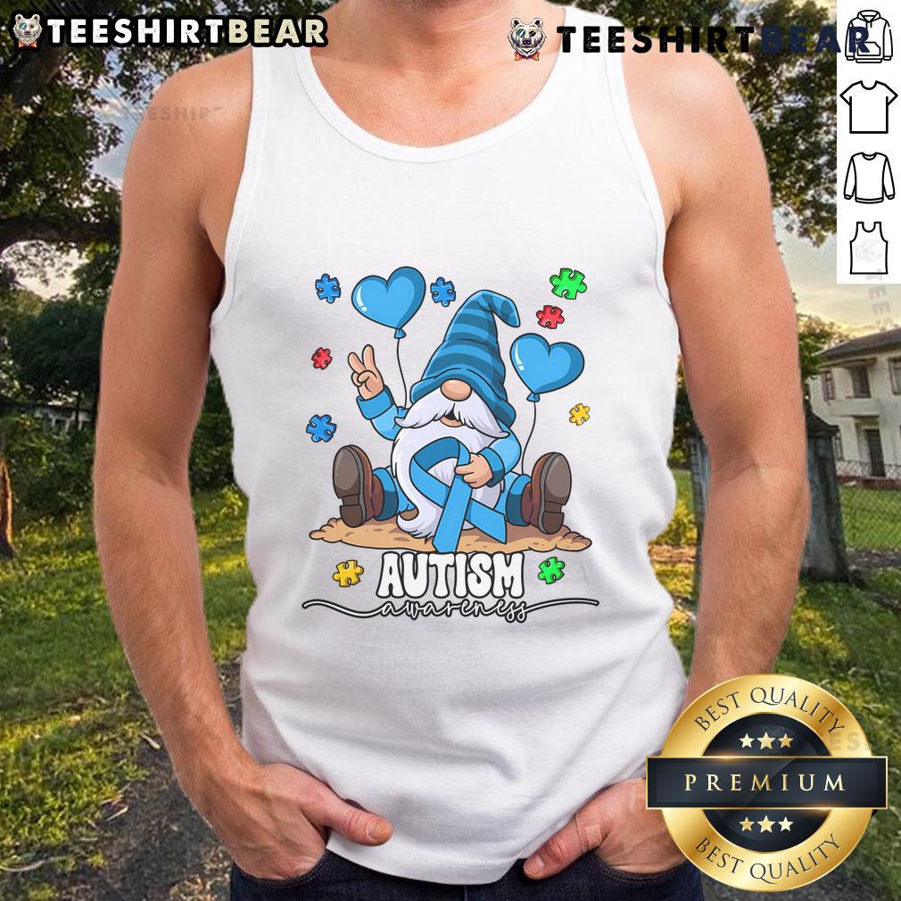 Funny gnome graphic on a tank top promoting autism awareness with colorful design and playful text.