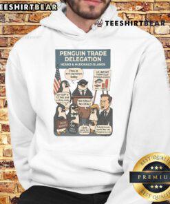 Colorful hoodie featuring funny Heard Island penguins protesting against tariffs, perfect for animal lovers and humor fans.