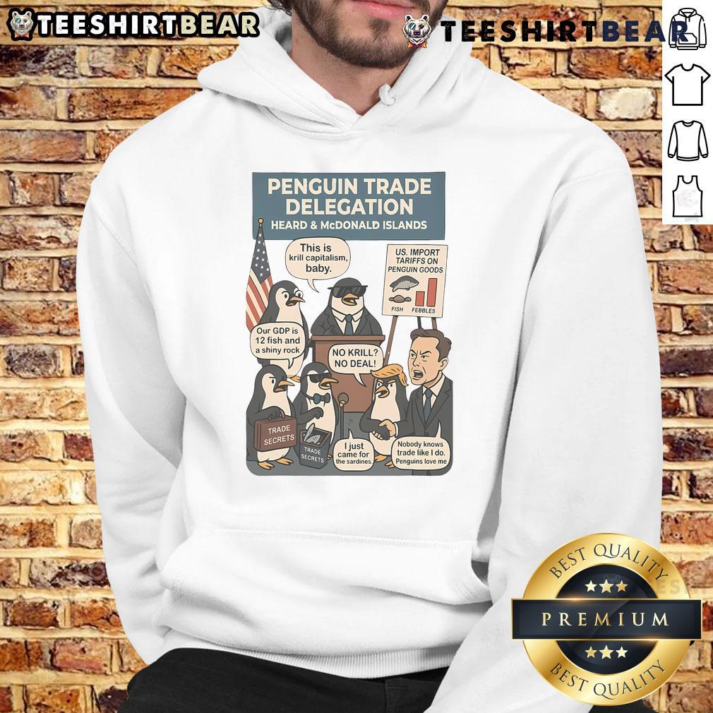 Colorful hoodie featuring funny Heard Island penguins protesting against tariffs, perfect for animal lovers and humor fans.