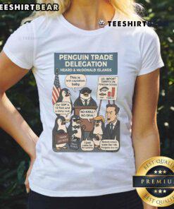 Funny Heard Island penguins graphic on a ladies tee, humorously protesting against tariffs, perfect for casual wear.
