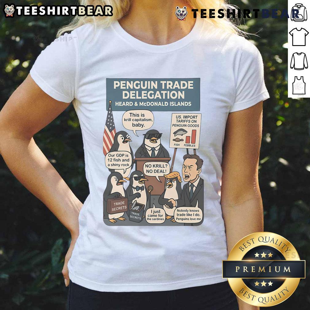 Funny Heard Island penguins graphic on a ladies tee, humorously protesting against tariffs, perfect for casual wear.