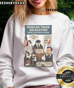 Funny Heard Island penguins against tariffs sweatshirt design featuring playful penguins with protest signs.