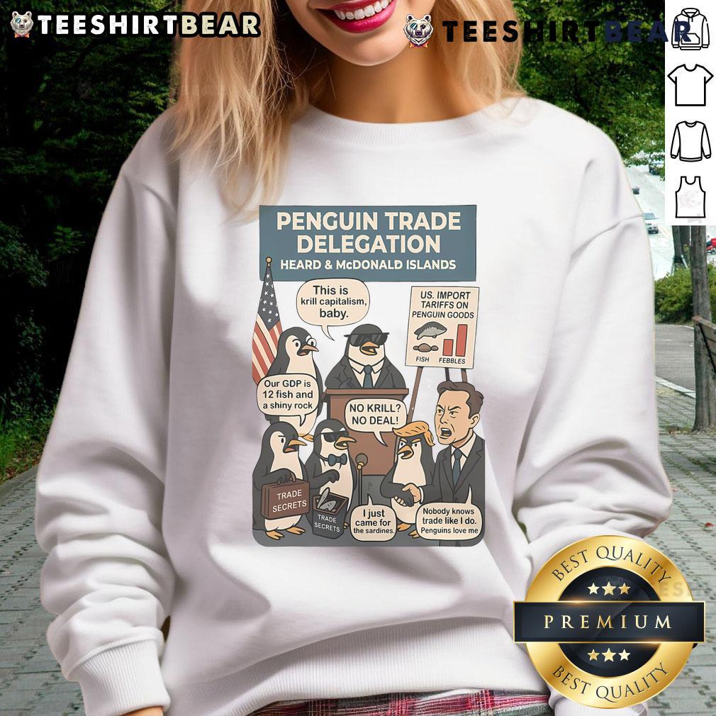 Funny Heard Island penguins against tariffs sweatshirt design featuring playful penguins with protest signs.