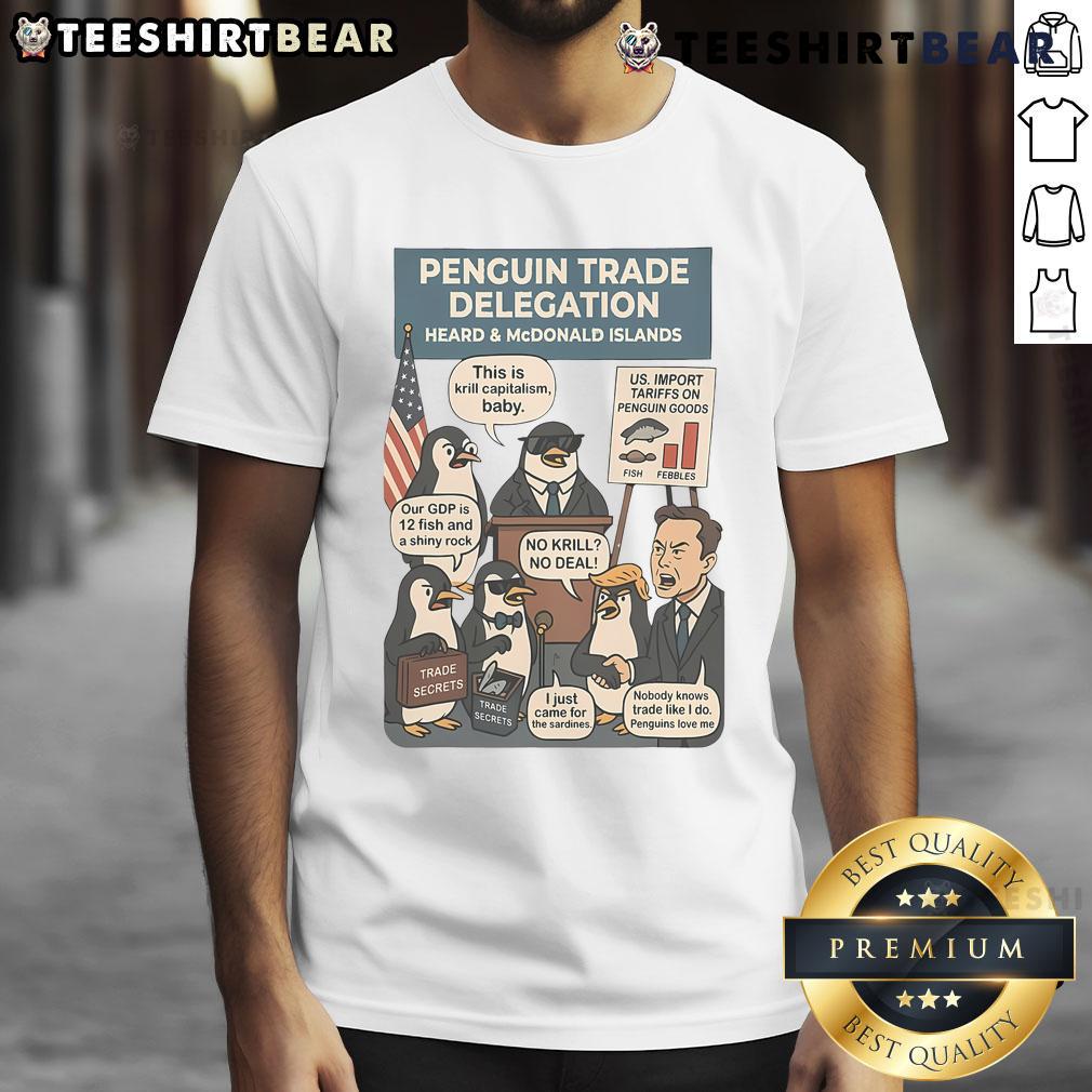 Funny Heard Island Penguins Against Tariffs T-Shirt featuring playful penguins advocating for trade fairness.