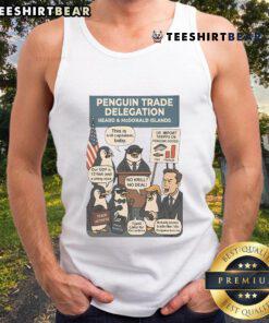 Funny Heard Island penguins on a tank top design, showcasing humor against tariffs with vibrant graphics.